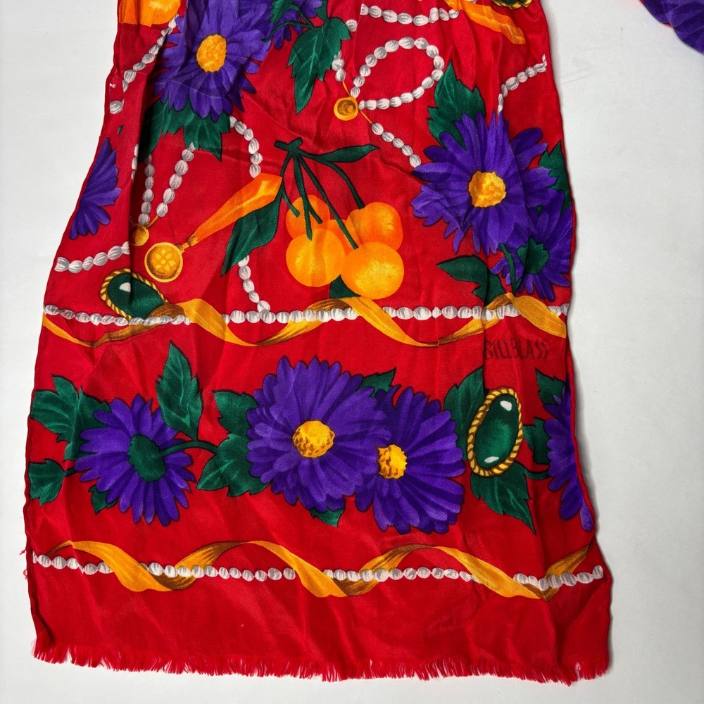 VTG BILL BLASS‎ Silk Scarf Red Floral Cherry Pearl Gemstone Design Bright 80s